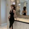 Elegante Vestido Bodycon Negro Estilo Hepburn Sexy de Cuello Halter Profundo en V Ajustado al Cuerpo con Abertura 2026 4166