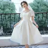 Vestido vermelho com decote quadrado e mangas bufantes, vestido de noivado, vestido de noiva de comprimento médio, elegante vestido de senhora para mulheres