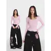 Comercio Transfronterizo Pantalones Deportivos Rosas de Pierna Recta Negros Elásticos de Cintura Alta con Estampado y Cordón de Pierna Ancha Largos hasta el Suelo para Mujer