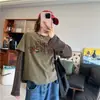 Um Essencial para Todos! Moda Coreana 2025 Versátil com Letras Falso Duas Peças Listrado Manga Longa Camiseta Top Emagrecedor