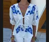 Camisa Casual Suelta de Moda Europea y Americana Nuevo Estilo Primavera y Verano 2024 Cuello en V Estampada con Cordones Mangas de Linterna Corta