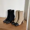 Botas de gamuza de cuero de vaca de capa superior elásticas para mujer, botas de corte ajustado, botas de otoño con punta cuadrada, cremallera lateral, tacón grueso alto, botines de color bloqueado para mujer