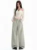 Estilo outono transfronteiriço|americano retrô|perna larga solta|calça jeans de trabalho feminina na cor cáqui, extra longa, Yichun