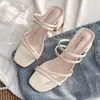 Sandalias Negras de Tiras Delgadas para Mujer, Estilo Hada 2020 Nuevas Sandalias de Tacón Medio para Mujer, Tacón Grueso de Una Tira Zapatos de Mujer para Exterior
