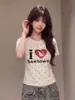 Camisa de Manga Corta con Estampado Integral de Lunares y Letras Estilo Retro Americano Ajustada para Mujer, Top de Verano Ajustado Adelgazante con Hombros Normales para Mujer, Moderno