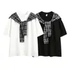 Camiseta de Manga Corta a Cuadros Estilo Americano Cleanfit para Hombre Verano High Street Top de Empalme Falso de Dos Piezas