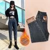 Jeans forrado de lã feminino reto solto 2023 estilo coreano cintura alta inverno engrossado quente desgaste externo pai harlan cenoura calças