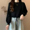 Suéter casual simples de cor sólida estilo coreano para mulheres baixinhas, moda outono e inverno, gola redonda, cordão, tricô pulôver solto, moderno
