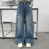 Novos Jeans de Primavera e Outono para Meninas de Crianças Médias e Grandes, Calças Largas Soltas, Calças Retas Cartoon de Moda Infantil, Calças Casuais
