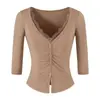 Top Morado de Encaje con Parches de Cuello V y Mangas Medias Chica Picante Conjunto de Otoño Pura Deseo Falda Ceñida Dos Piezas para Mujer