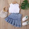 Ropa infantil transfronteriza de Amazon SHEIN chaleco liso para niñas top sin mangas traje de falda plisada de mezclilla con bolsa abierta