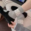 Meias cinzas femininas outono inverno meias de algodão estilo japonês renda meias de cano médio laço sem costura estampa floral borda enrolada meias folgadas