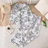 Transfronterizo 2026 Primavera Conjunto de Ropa para Niña Moda Elegante Camisa Estampada de Manga Larga con Solapa Pantalones de Pierna Ancha Conjunto de Ropa para Estar en Casa