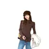 Camiseta de Manga Larga con Cuello Alto Floral Marrón para Mujer Otoño Invierno Nueva Ajustada con Volantes Felpa Capa Base Superior