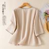 Foto Real 2025 Elegante Encaje Bordado Cuello Redondo Color Sólido Top Artístico Camisa Casual Holgada Retro de Manga Media para Mujer