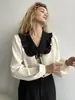 Camisa com Gola Peter Pan Color Block Transfronteiriça, Estilo Europeu e Americano, Nova Cor Color Block Primavera/Verão 2026, Manga Bufante de Cetim, Top Elegante Estilo Francês