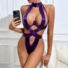 Lingerie bodysuit sexy estilo europeu e americano para mulheres, com costas vazadas, design sedutor cruzado e um corte que realça a silhueta