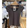 Top Americano Estilo Bm Algodón Cuello Redondo Grande Encaje Blanco Manga Corta para Mujer Dulce y Picante Ajustado Trendy