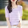 Top de punto para mujer, estilo francés, algodón puro, cuello cuadrado, manga corta, rejuvenecedor y adelgazante, con hilo de color hueco de melocotón, camiseta fina de verano
