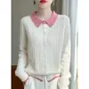 Suéter de punto de color block transfronterizo, nuevo estilo, cárdigan tejido para mujer, cuello polo, venta al por mayor, top corto de contraste de color, tejido de ochos pequeño