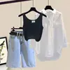 Conjunto de Verano para Mujer Tallas Grandes 2025 Nuevo Estilo Camisa con Protección Solar, Camisola, Shorts de Mezclilla Conjunto de Tres Piezas Adelgazante