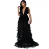 Hx029 Vestido de Noche Elegante Sexy de Verano con Escote en V Cintura Alta Plisado Negro Estilo Étnico Tirantes Falda Larga Malla con