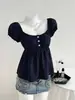 Blusa de Chiffon com Mangas Bufantes de Bolinhas, Gola Quadrada Estilo Francês, Ajustada na Cintura, Emagrecimento, Nova Coleção de Verão Amazon Europeia e Americana para Mulheres