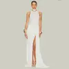 Comércio Exterior Europeu e Americano Roupas Femininas, Vestido Longo de Verão Sexy com Fenda Alta e Ajuste na Cintura, Vestido Elegante Sem Mangas Plissado de Venda Transfronteiriça