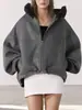 Casaco de Lã Feminino para Tamanhos Petite, Estilo com Zíper e Capuz Removível, Lã Dupla Face, Jaqueta Curta Solta