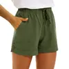 Shorts Casuais Femininos de Cor Sólida em Algodão e Linho, Estilo Europeu e Americano, com Bolsos, Cordão, Cintura Alta, Respirável, Leve, Esportivo, Shorts Femininos de Cinco Pontos