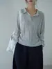 [Oufan] Tejido de punto con trenzado de lino Tencel, cuello de gaviota, top de manga larga nuevo de verano para mujer 11205