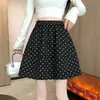 Fotos reais, grande quantidade em estoque, saia midi de mistura de lã, saia midi com retalhos de bolinhas, estilo coreano, modeladora, saia tipo lanterna, saia para outono e inverno