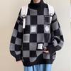 Suéter xadrez costurado masculino gola alta preguiçosa marca de moda solta outono/inverno camisa de apoio em estilo Hong Kong casal peça única cabelo
