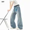 Jeans de pierna ancha con salpicaduras de pintura y pedrería para hombre, corte recto holgado, estilo American high street, nuevo modelo 2026, pantalones de marca de moda para hombre