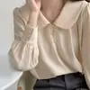 Camisa con Cuello Peter Pan para Mujer 2026 Primavera Nuevo Diseño Retro Francés Manga Abullonada Versátil Cómodo Elegante Top