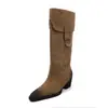 Botas de Caballero de Piel de Vaca para Mujer Botas Altas Largas Otoño Invierno Nuevas Botas de Piel Genuina Puntera Cuadrada No por Encima de la Rodilla Botas de Tubo Recto Pulidas para Mujer 40