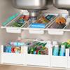 Estante de almacenamiento con partición en capas para gabinete de cocina, canasta de almacenamiento, estante de almacenamiento con varilla telescópica sin perforaciones, estante de almacenamiento para lavabo de baño