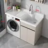 Combinación de gabinete integrado para balcón de lavadora de aluminio tipo panal, gabinete de lavandería con lavabo, tabla de lavar y lavabos altos y bajos