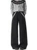 Pantalones Casuales Largos de Pierna Ancha Sueltos con Pliegues, Estilo Old Money, Parche a Cuadros, Dobladillo Curvo Negro para Hombre, Marca de Moda