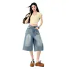 Jeans Americano Novo Estilo Loose Wide-Leg Cropped para Mulheres, Primavera/Verão 2026, Cintura Alta Emagrecedor Vintage Azul Comprimento Médio