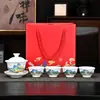 Porcelana Blanca de Dehua 1 Tapa de Tazón 4 Tazas Juego de Té Kung Fu Taza de Té de Cerámica para el Hogar Tapa de Tazón Set en Caja de Regalo Regalo Festivo
