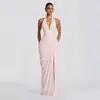 2026 Verano Transfronterizo Nuevo Vestido de Moda Sexy con Cuello Halter y Escote en V con Pliegues Verticales al Frente, Elegante Vestido con Pliegues Diagonales para Mujer