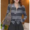 Cárdigan de Punto con Bloques de Color a Rayas y Solapas, Doble Cremallera, para Mujer, Otoño Nuevo, Holgado, Adelgazante, Versátil, Manga Larga