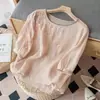 Top de Algodón y Lino de Manga Corta con Cierre de Botones, Camiseta Artística Retro de Algodón y Lino, Blusa Bordada Holgada Versátil, Nuevo Estilo Primavera y Verano