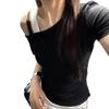 Camiseta Irregular de Manga Corta con Hombro Descubierto de Dos Piezas Falsas para Mujer en Verano Puro Lujuria Sexy Hombro Descubierto Top Chic Tendencia Única y Hermosa