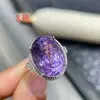 Anel de prata de lei com ametista natural incrustada pedra de grão grande 12*16mm abertura ajustável atmosfera de meninas dedo