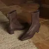Botines Delgados de Piel de Cabra de Primera Capa para Mujer Botines Cortos Otoño Nuevo Punta Cuadrada Tacón Grueso Medio Cremallera Trasera Botines Cortos de Piel Genuina Envejecida