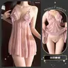 Lencería Sexy con Vestido Transparente de Encaje Calado de Malla, Falda con Lazo y Textura Difuminada Fruncida