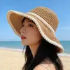 Sombrero de Paja de Verano con Protección Solar para Mujer, Sombrero de Pescador con Protección Solar para Vacaciones en la Playa Padre e Hijo, Ala Ancha con Perlas, Sombrero de Sol para Adelgazar el Rostro