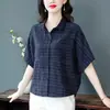 Blusa Casual de Manga Corta de Algodón y Lino Nueva y Elegante para Mujer, Corte Holgado Estilo Murciélago, Camisa de Estilo Vintage para Verano